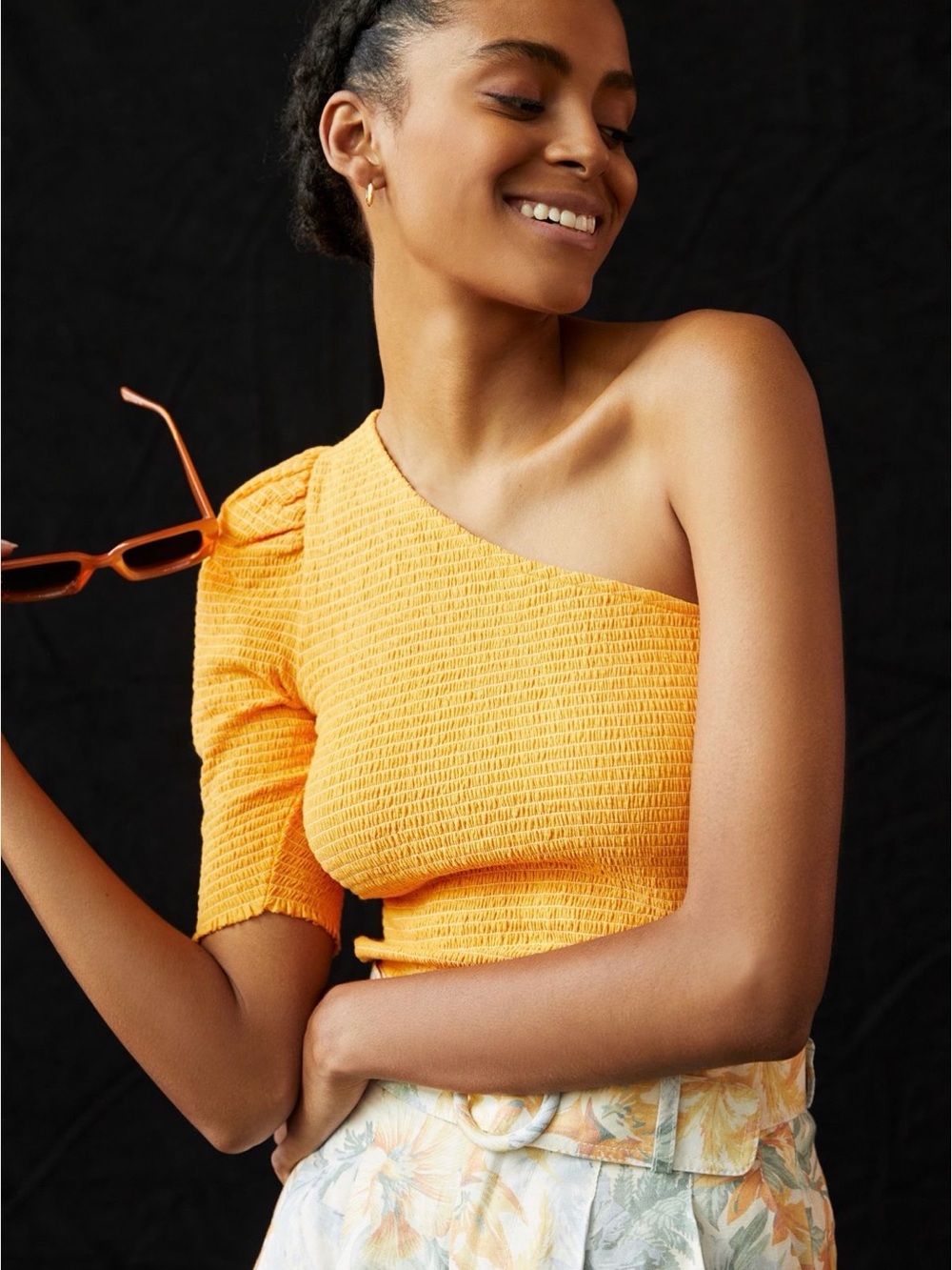 Nation LTD Orange One Shoulder Smocked Top